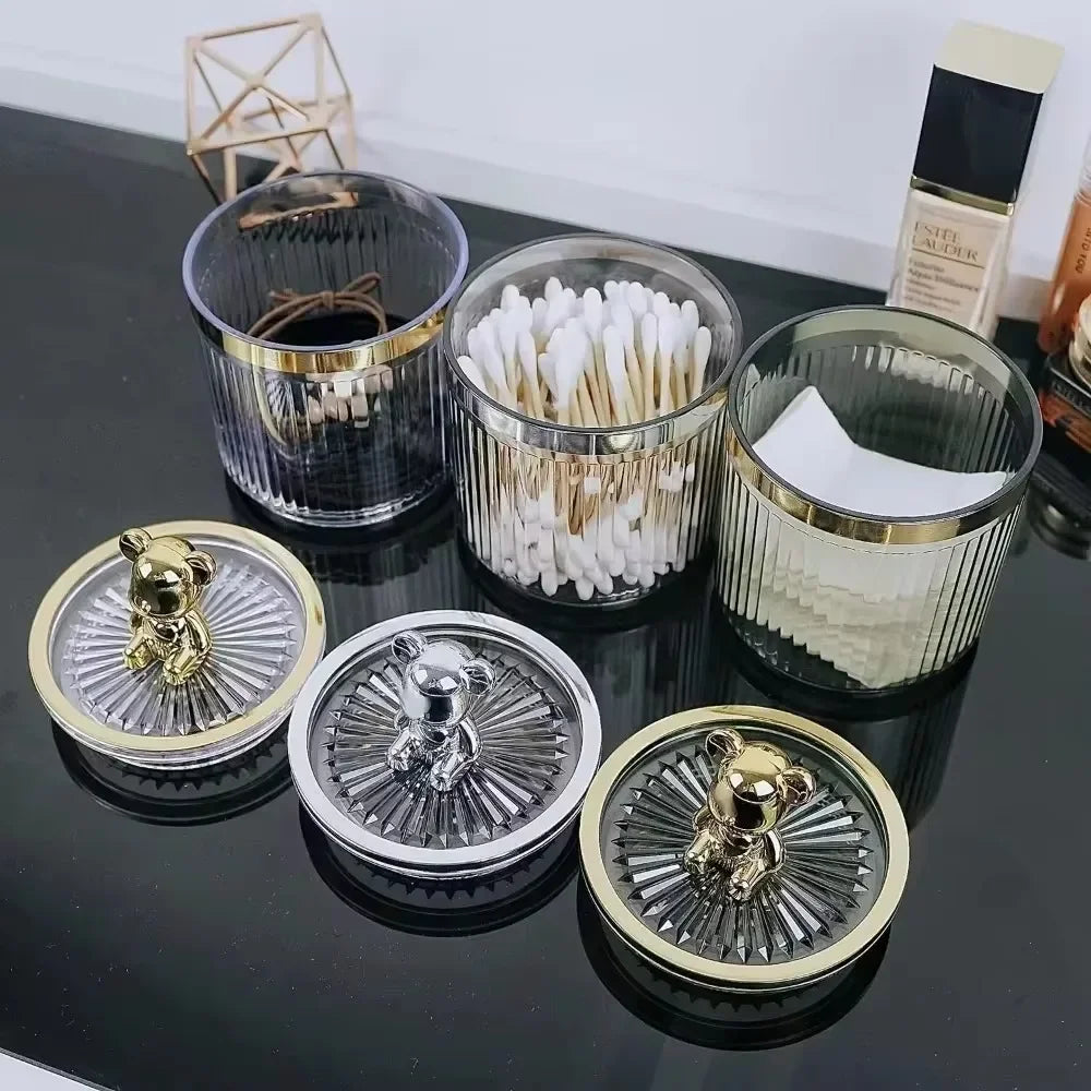 Cute cotton swab storage box set with transparent ribbed containers and gold and silver bear lids for cotton pads and swabs