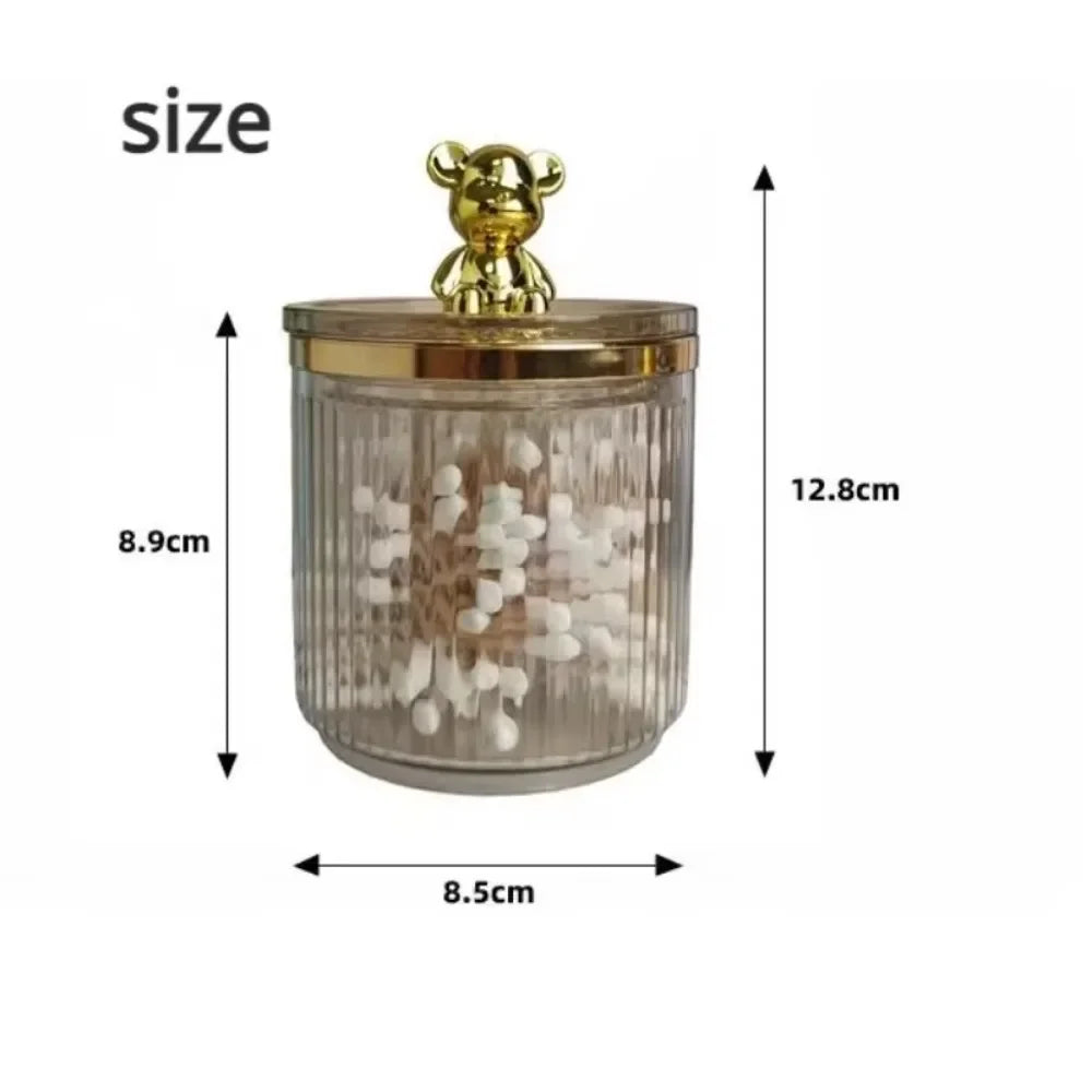 Clarify.pk cute cotton swab storage box with gold bear lid and clear ribbed glass container