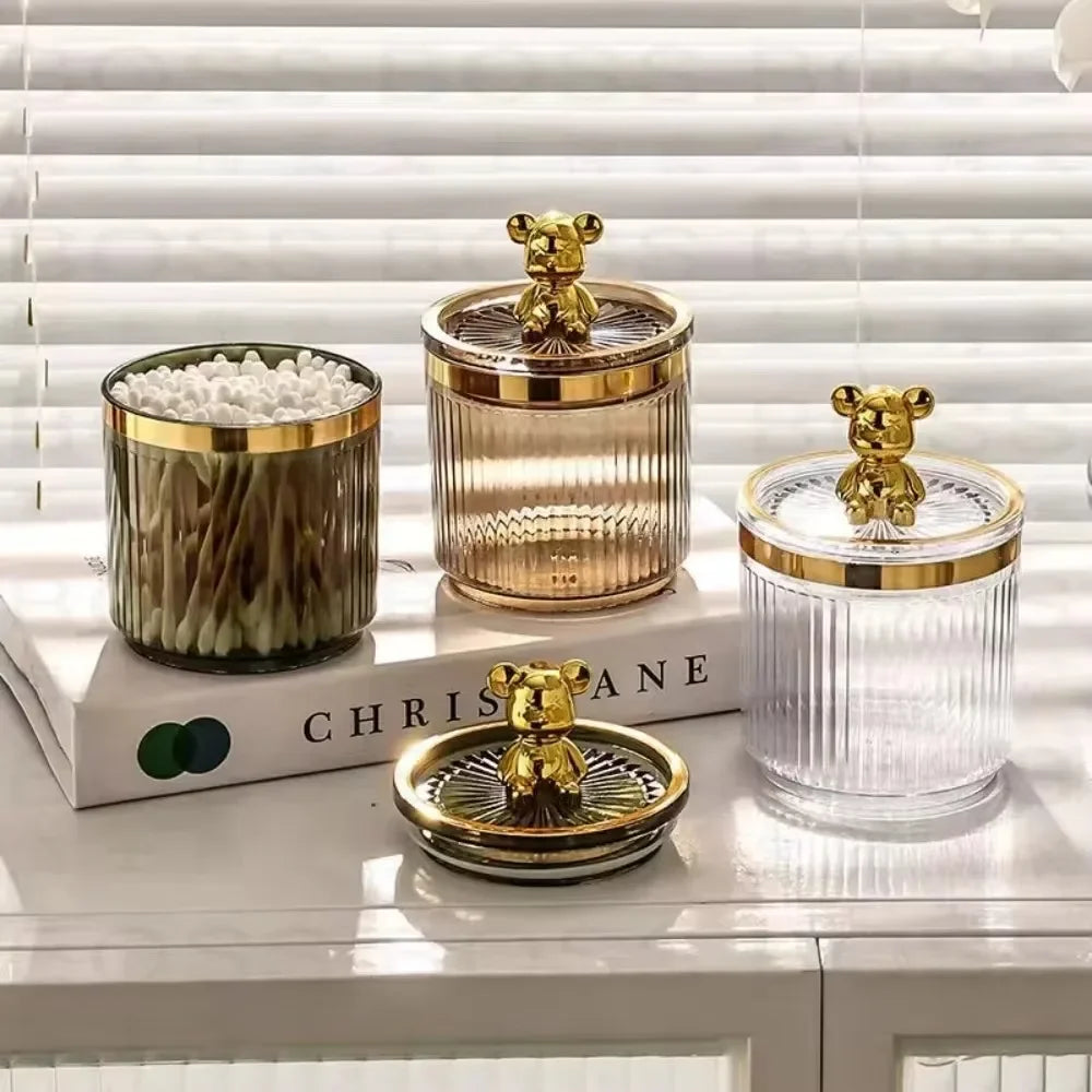 Clarify.pk cute cotton swab storage box set with gold bear accents and transparent ribbed design