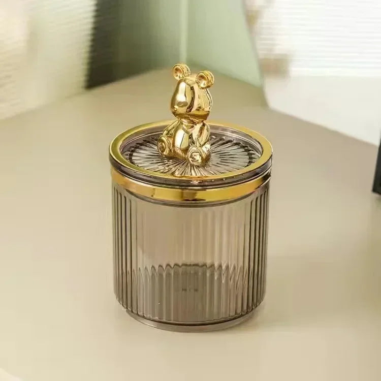 Clarify.pk cute cotton swab storage box with ribbed glass body and gold bear-shaped lid handle