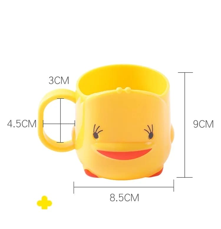 Cute duck toothbrush cup in yellow with smiling face and measurements for bathroom interiors