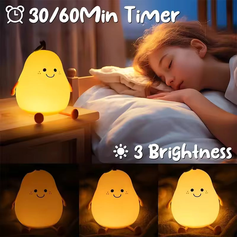Cute pear night light glowing softly on bedside table next to sleeping child with timer and brightness options