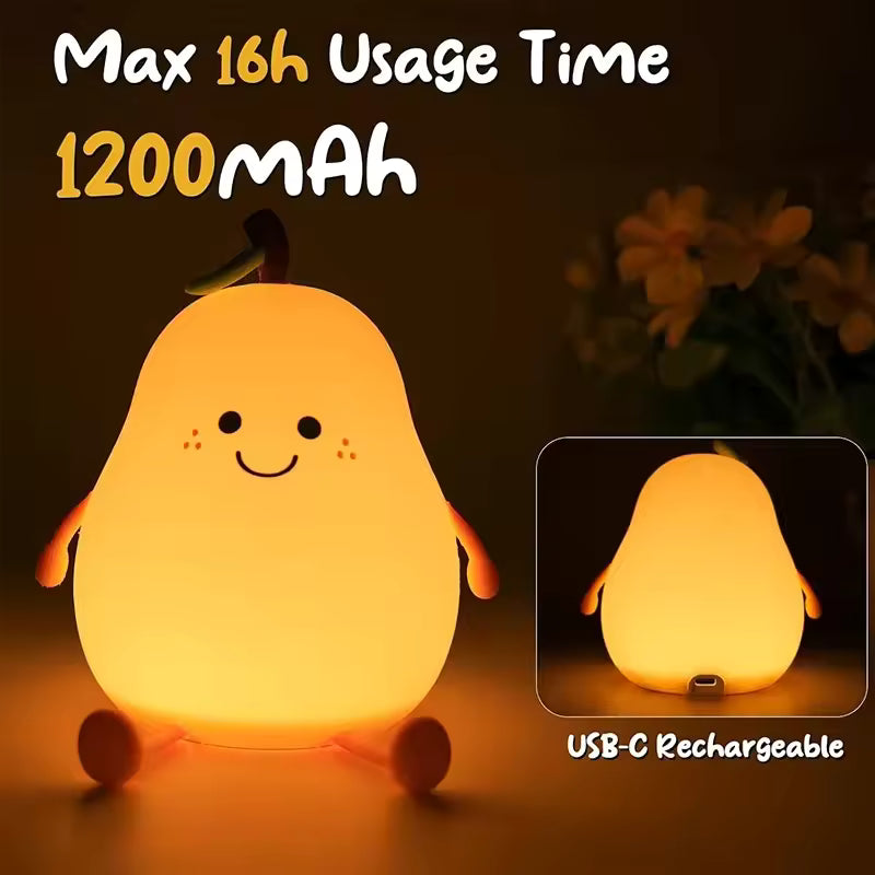 Cute pear night light with smiling face USB-C rechargeable and 16-hour usage time by Clarify.pk