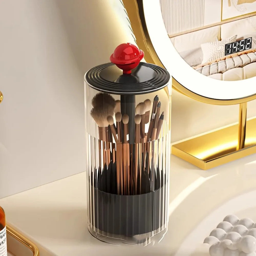 Clarify.pk dustproof makeup brush holder with transparent cylindrical design and red top knob for brush storage