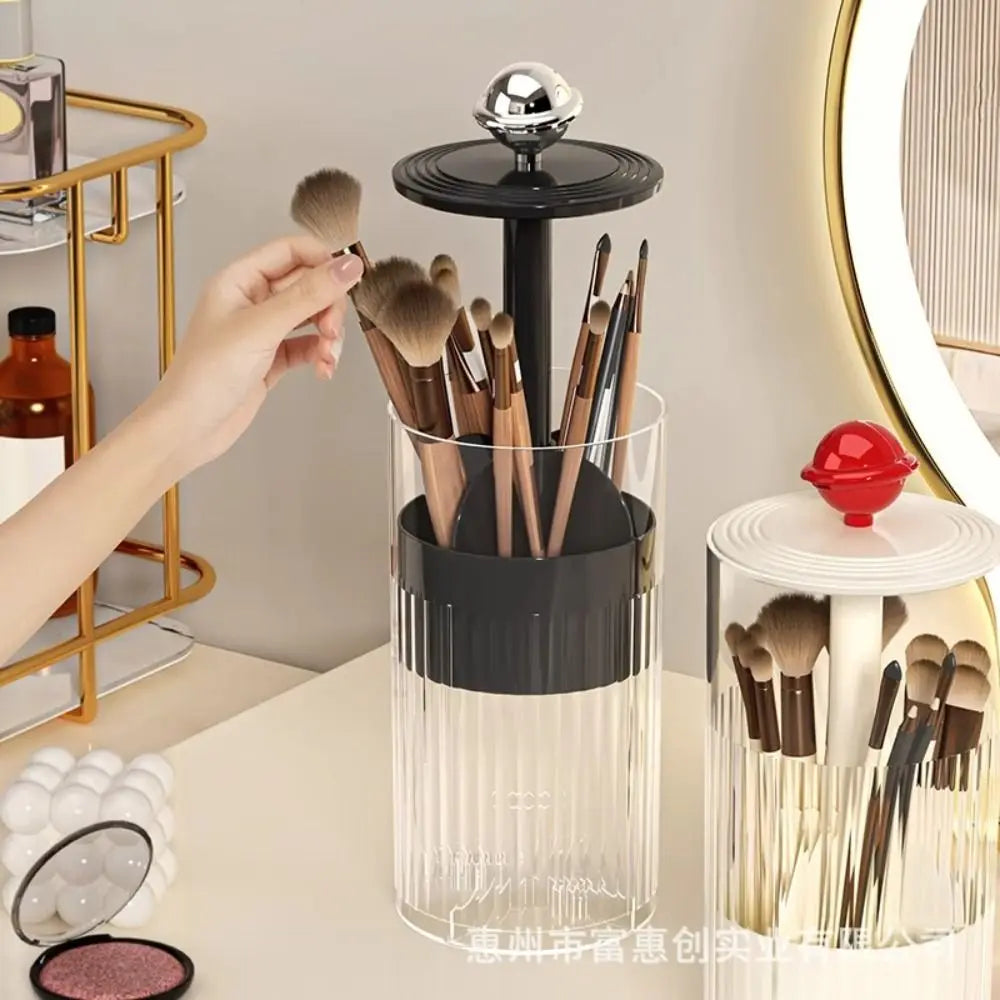 Clarify.pk dustproof makeup brush holder storing various makeup brushes on vanity table