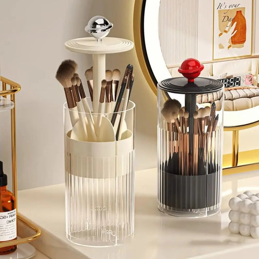 Clarify.pk dustproof makeup brush holder with transparent ribbed design and removable top for clean storage