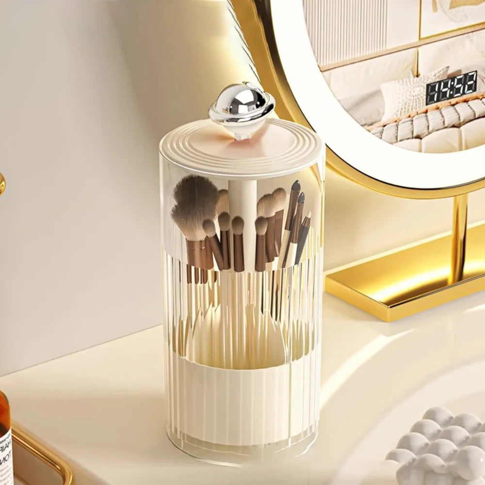 Clarify.pk dustproof makeup brush holder with transparent cover and white base on vanity table