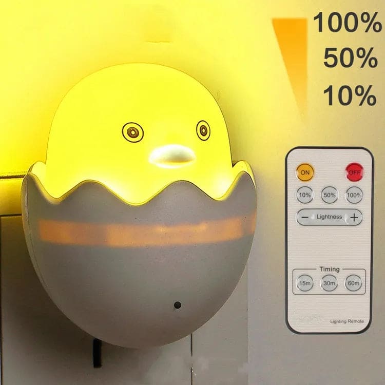 Egg shell night lamp for bedroom shaped like a glowing chick with remote control for brightness and timer
