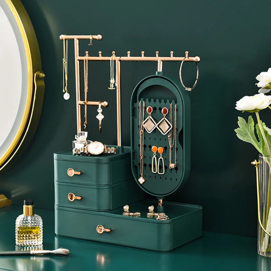 Clarify.pk green fashion jewelry display box with multiple compartments and gold-tone hanging rods