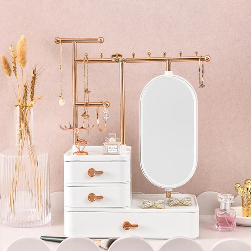 Clarify.pk fashion jewelry display box with white drawers, gold-tone jewelry stand, and attached mirror