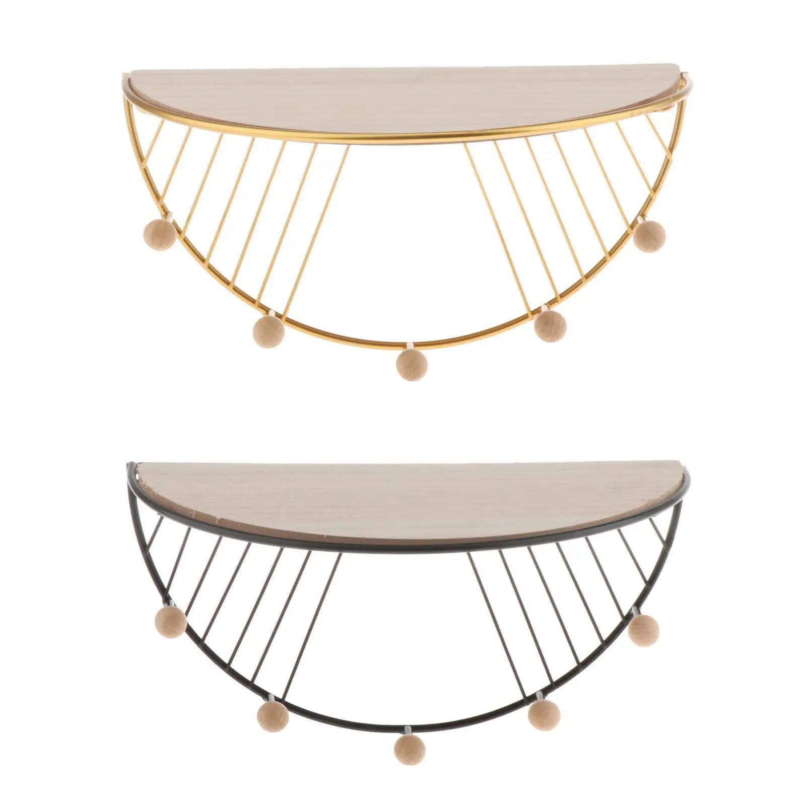 Set of two floating wall shelf for decor with semicircular wood tops and decorative metal frames in gold and black
