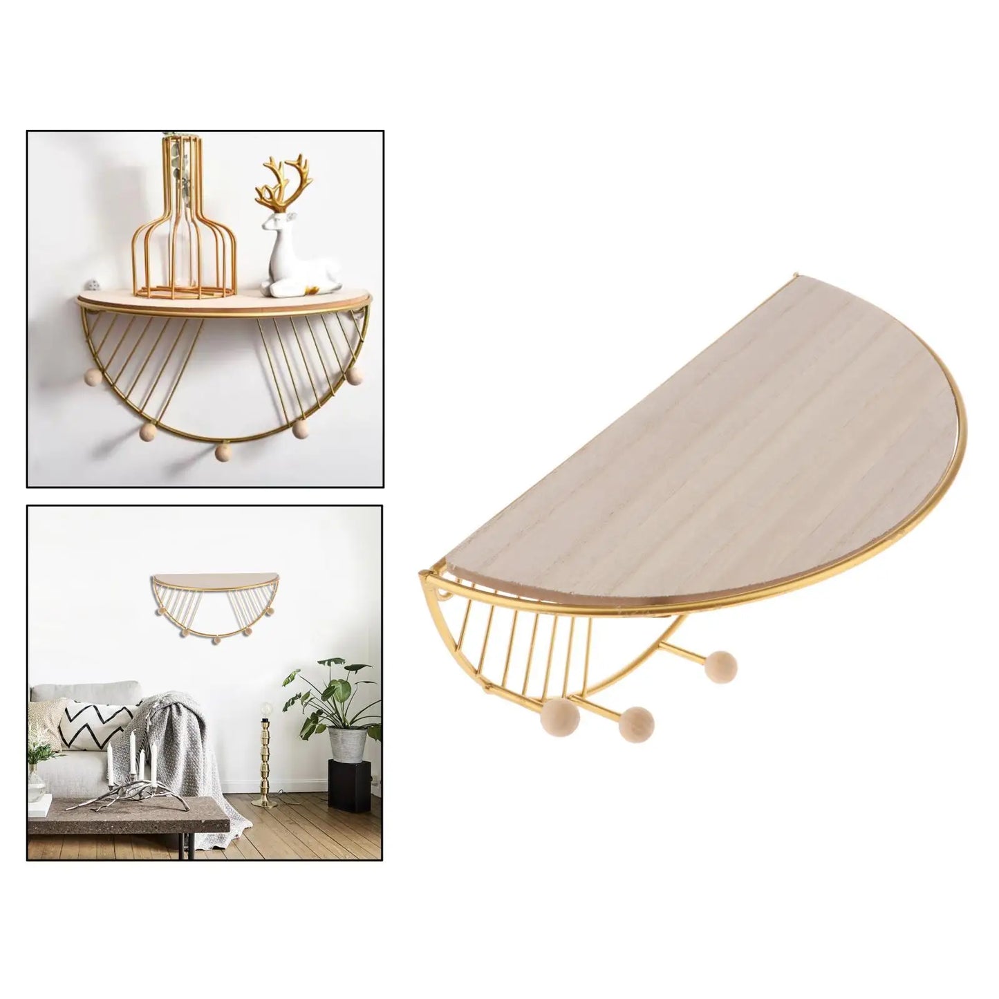 Clarify.pk floating wall shelf for decor half-circle wood and gold metal design with hooks for hanging items