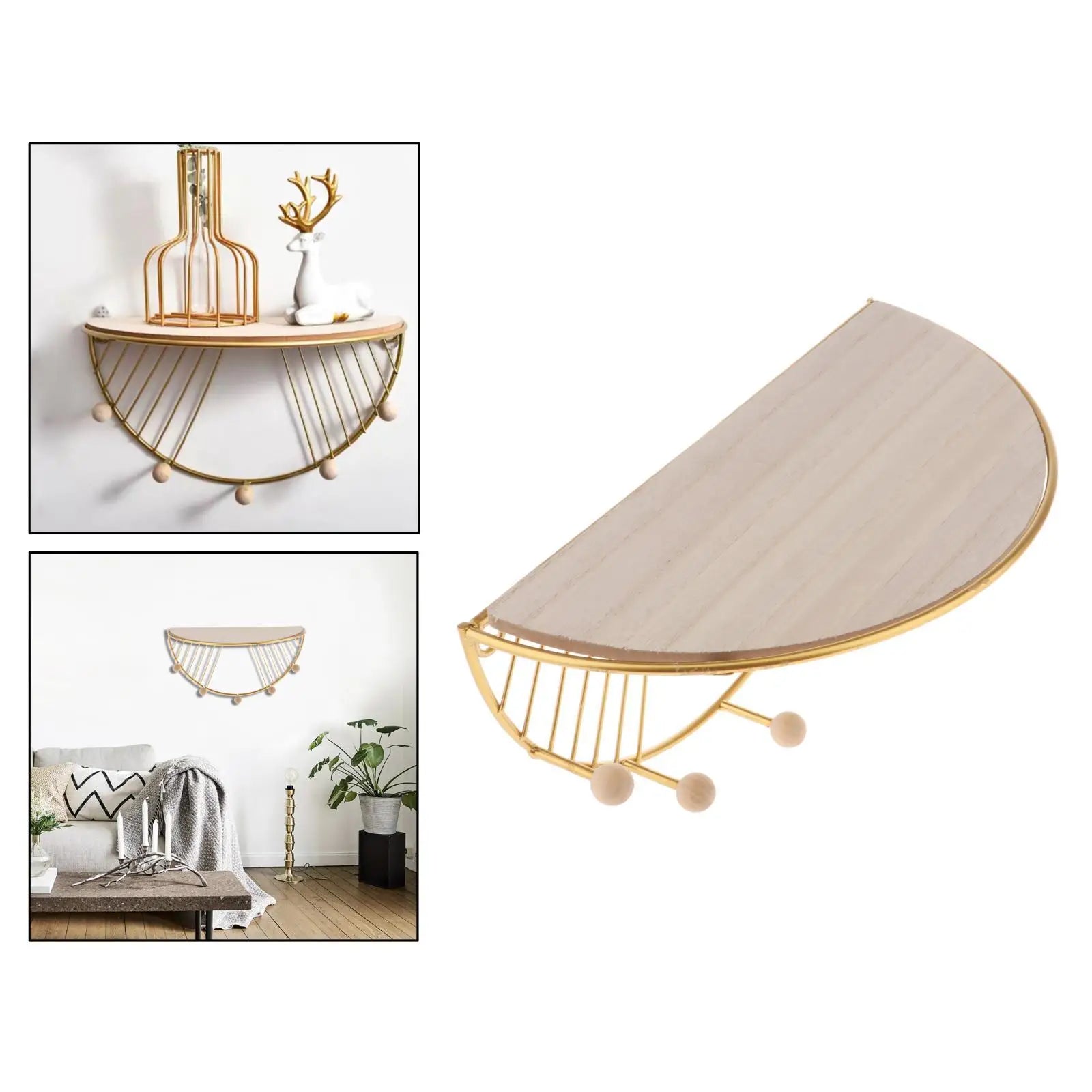 Clarify.pk floating wall shelf for decor half-circle wood and gold metal design with hooks for hanging items