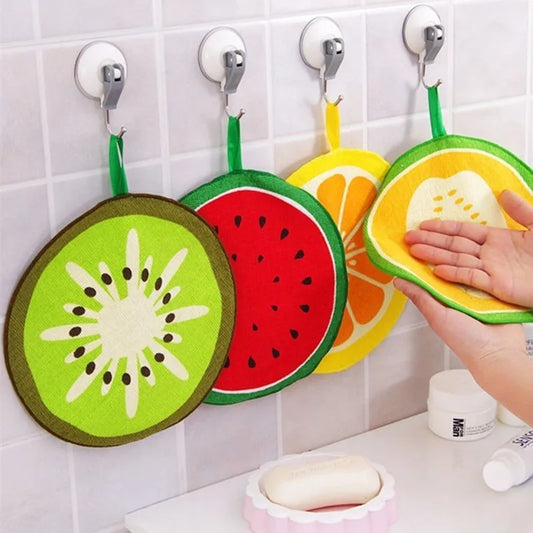 Clarify.pk fruit shape microfiber dishcloths hanging on bathroom hooks in kiwi watermelon lemon and orange designs