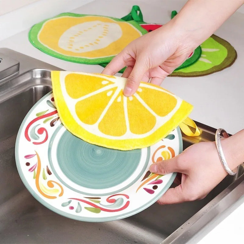 Fruit shape microfiber dishcloths in lemon, kiwi, and watermelon designs used for washing dishes
