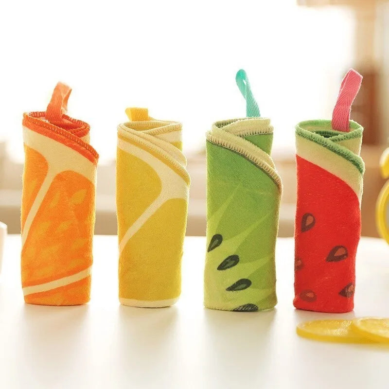 Clarify.pk fruit shape microfiber dishcloths rolled up in orange, yellow, green, and red colors with hanging loops