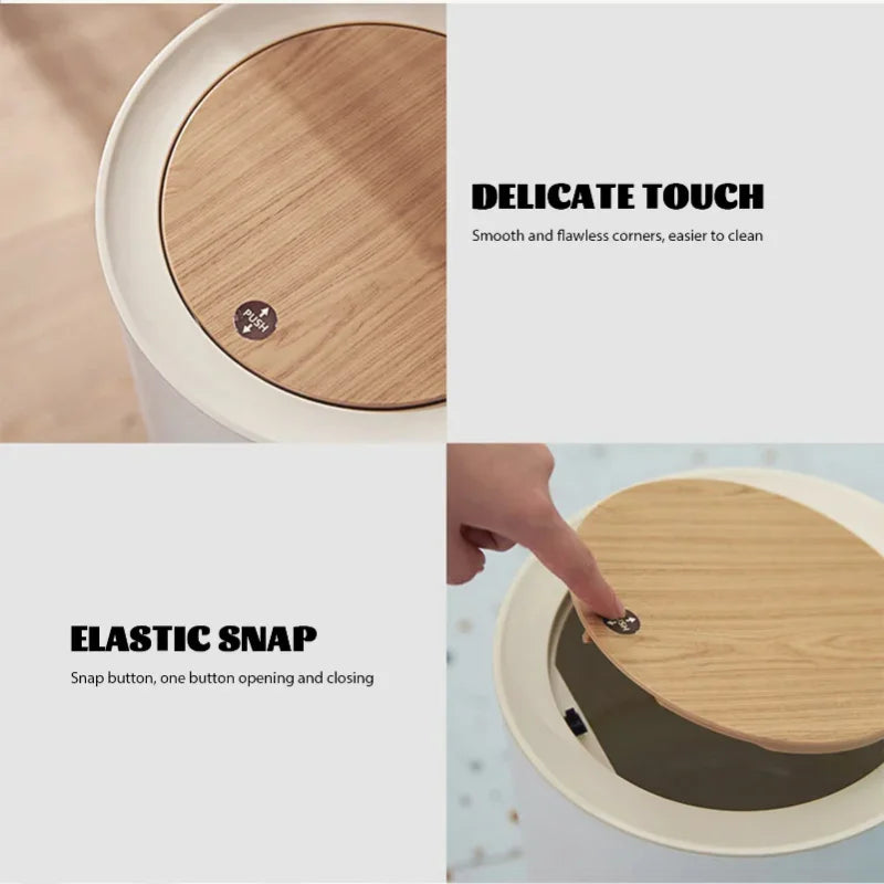 Modern wooden dustbin paper basket with smooth corners and elastic snap button for easy opening