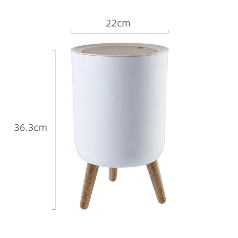 Clarify.pk modern wooden dustbin paper basket with white cylindrical body and wooden tripod legs