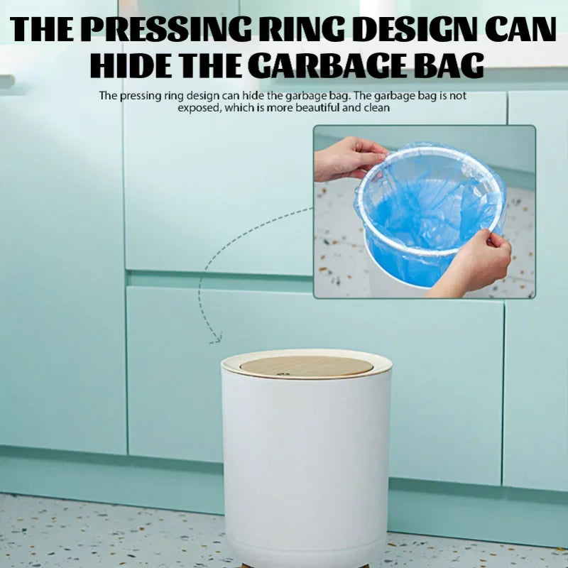 Clarify.pk modern wooden dustbin paper basket with pressing ring design to hide garbage bag discreetly