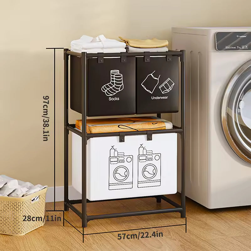 Clarify.pk multi functional 2 layer laundry basket with separate sections for socks and underwear next to washing machine
