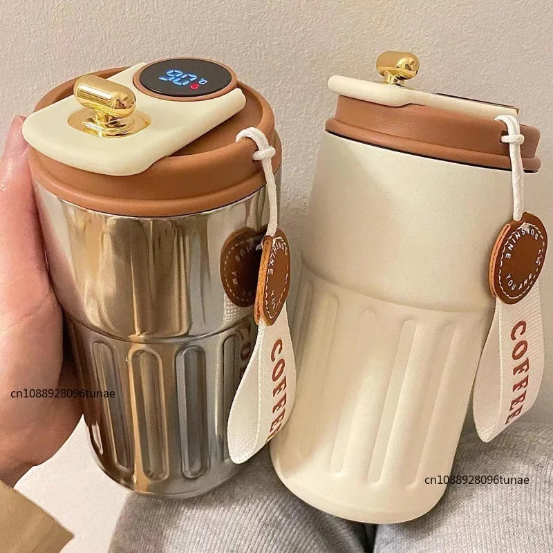 Clarify.pk premium coffee mug set with stainless steel and ceramic finishes featuring digital temperature display lids