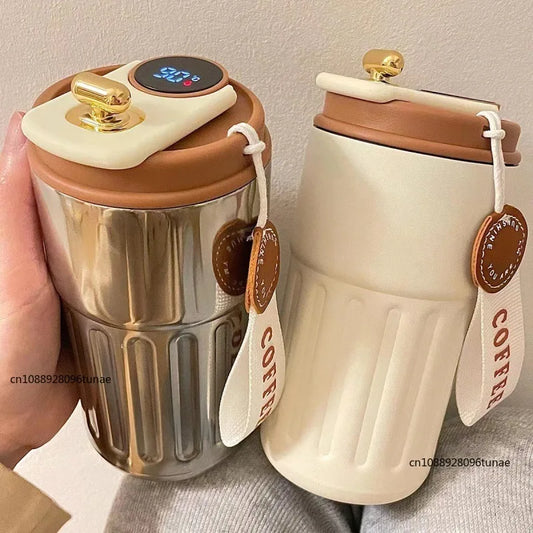 Clarify.pk premium coffee mug set with stainless steel and ceramic finishes featuring digital temperature display lids