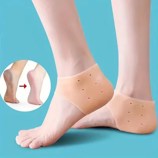 Silicone heel socks for cracked heels worn on feet to protect and moisturize dry skin