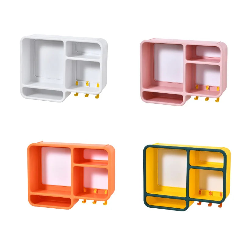 Wall mounted cosmetic organizer available in white pink orange and yellow colors from Clarify.pk