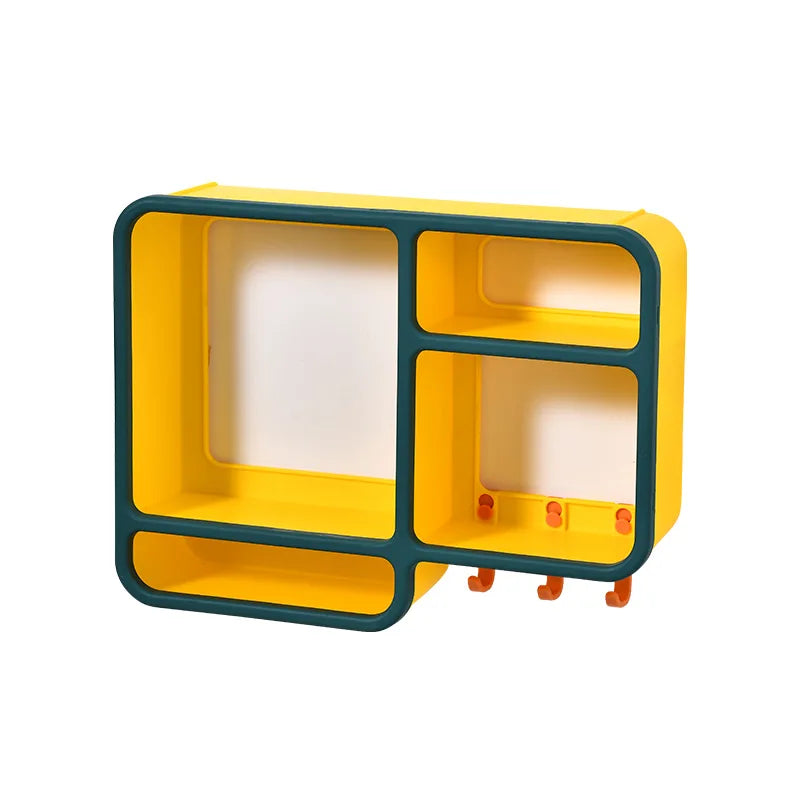 Clarify.pk yellow and green wall mounted cosmetic organizer with multiple compartments and hooks for storage
