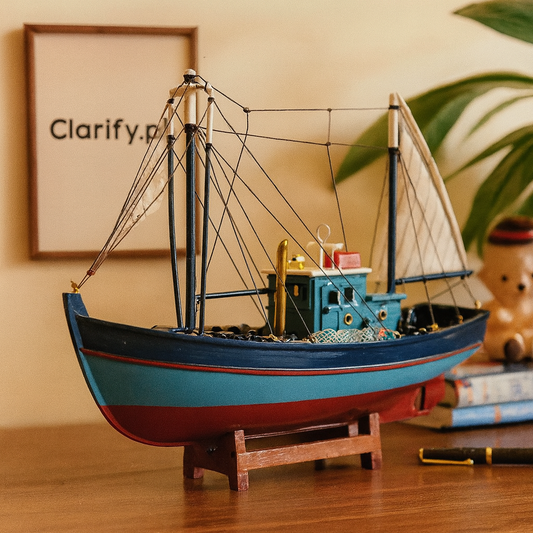 Clarify.pk vintage fishing boat model with detailed sails and rigging on wooden stand for decor