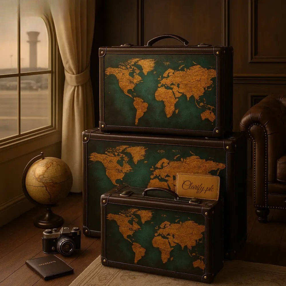 Clarify.pk vintage suitcase set with brown and green world map design stacked near window with globe and camera