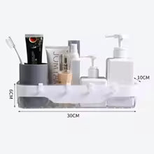 Clarify.pk wall-mounted bathroom shelf with compartments holding toiletries and toothbrush