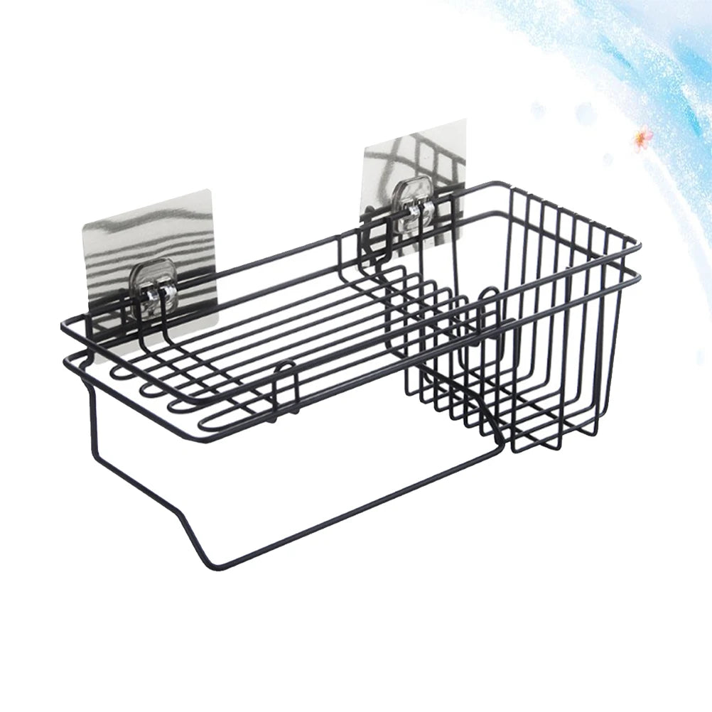 Black metal sink shelf organizer with suction cups for wall mounting and kitchen storage