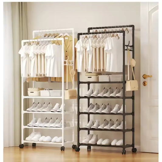 Wall mounted coat rack for living room with multiple shelves and hanging space in black and white