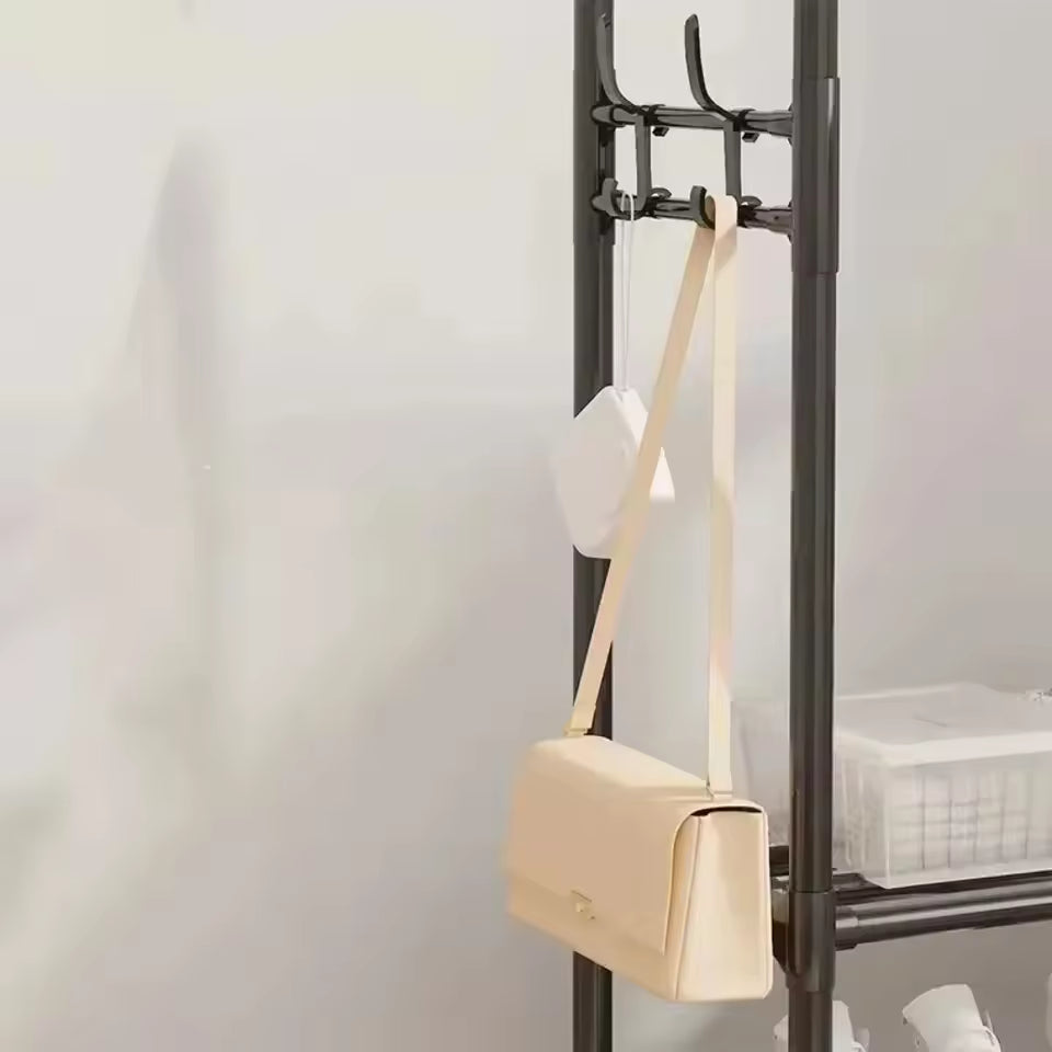 Clarify.pk wall mounted coat rack for living room holding beige handbag and white cap
