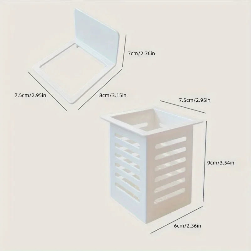 White plastic wall mounted organizer with dimensions for compact storage and ventilation