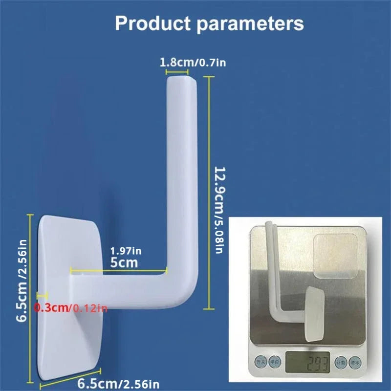 White wall mounted paper towel holder with dimensions and weight measurement on a blue background
