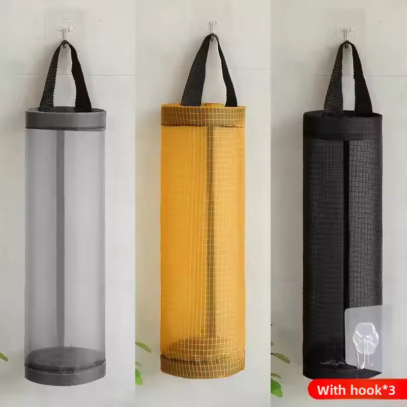 Wall mounted plastic bag organizer in gray yellow and black with hooks for easy storage and space saving