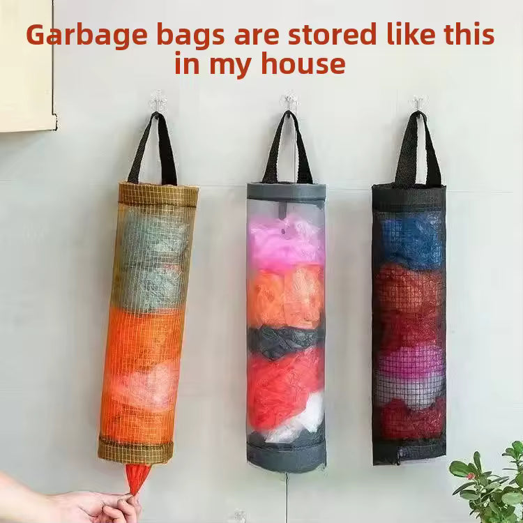 Wall mounted plastic bag organizer holding colorful plastic bags in a kitchen setting