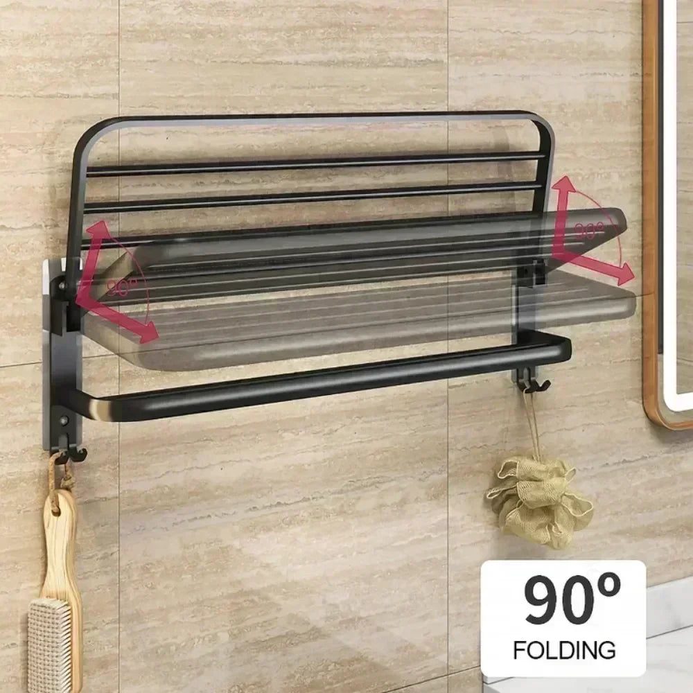 Black wall mounted shower towel rack with folding design installed on beige bathroom wall