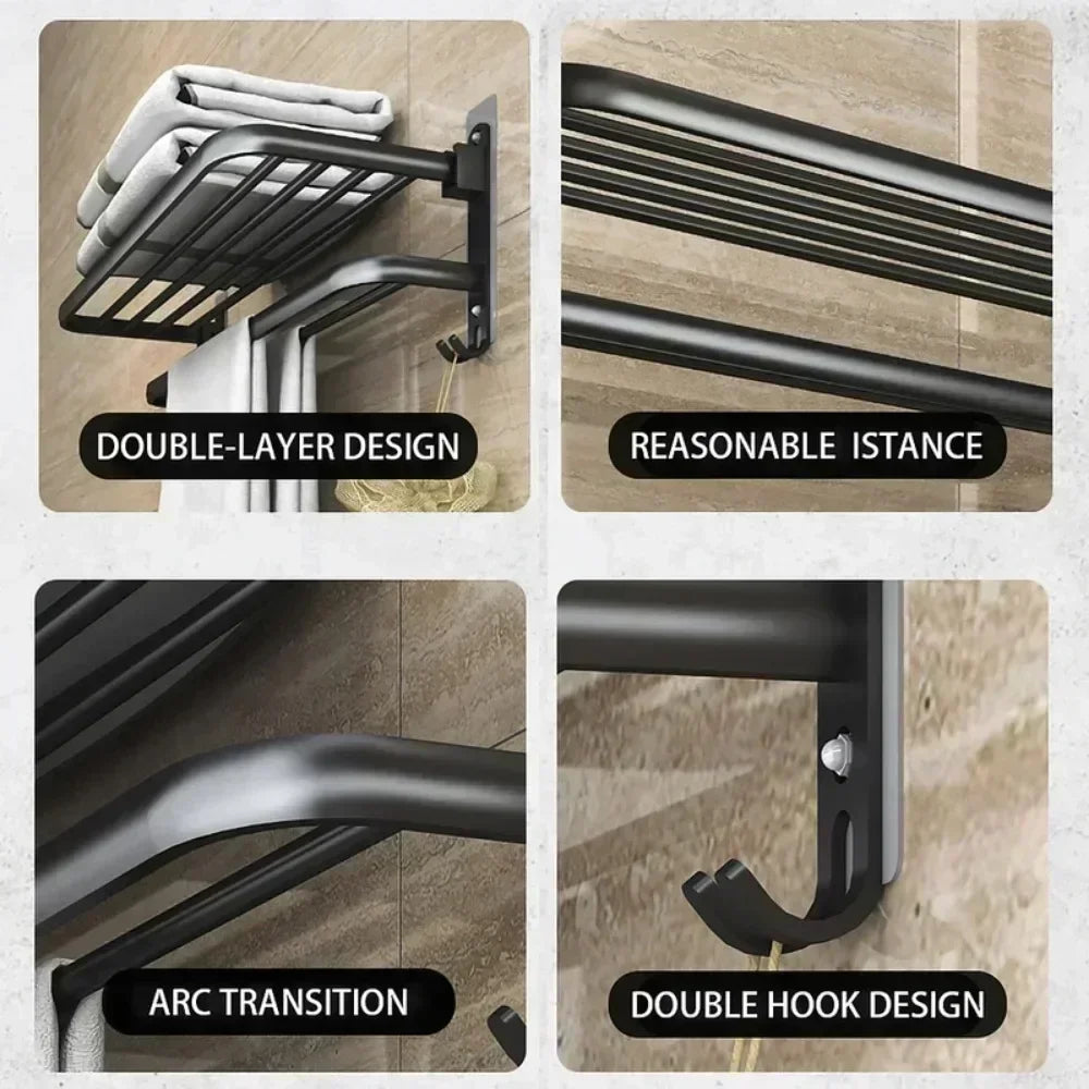Black wall mounted shower towel rack with double-layer design and double hook for efficient bathroom storage