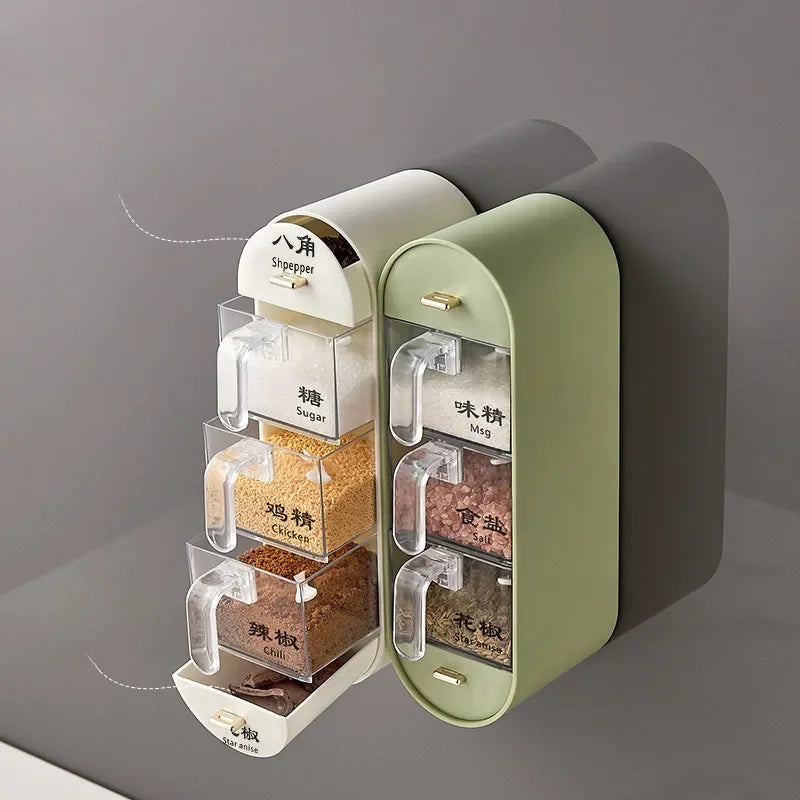 Clarify.pk wall mounted spice box with clear containers for sugar chili and MSG storage