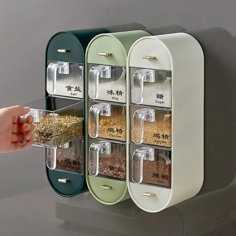 Clarify.pk wall mounted spice box with six labeled compartments for salt sugar and spices