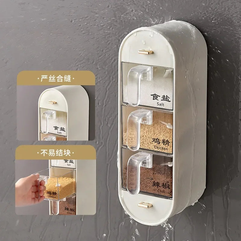 Clarify.pk wall mounted spice box with three transparent compartments for salt chicken and chili