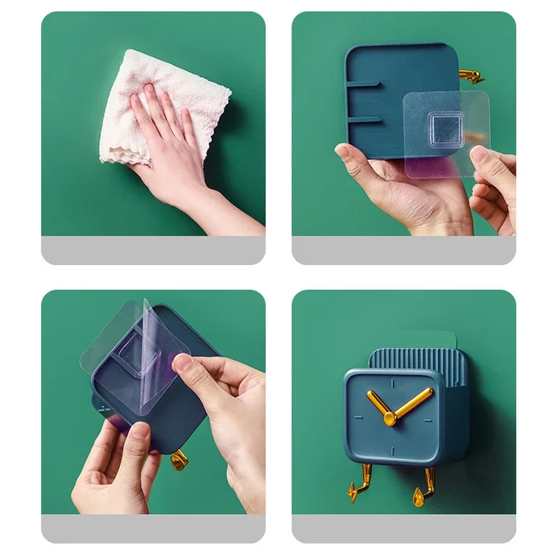 Step-by-step installation of Clarify.pk wall mounted storage box showing cleaning, adhesive application, and final mounted clock design