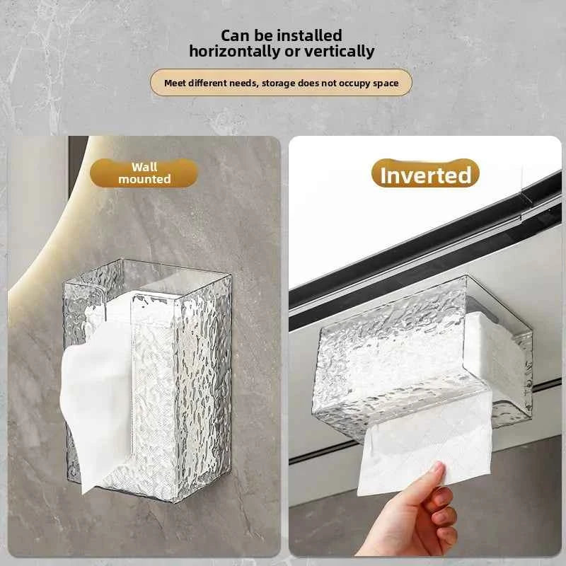 Wall-mounted tissue box with a modern design, versatile for horizontal or vertical installation