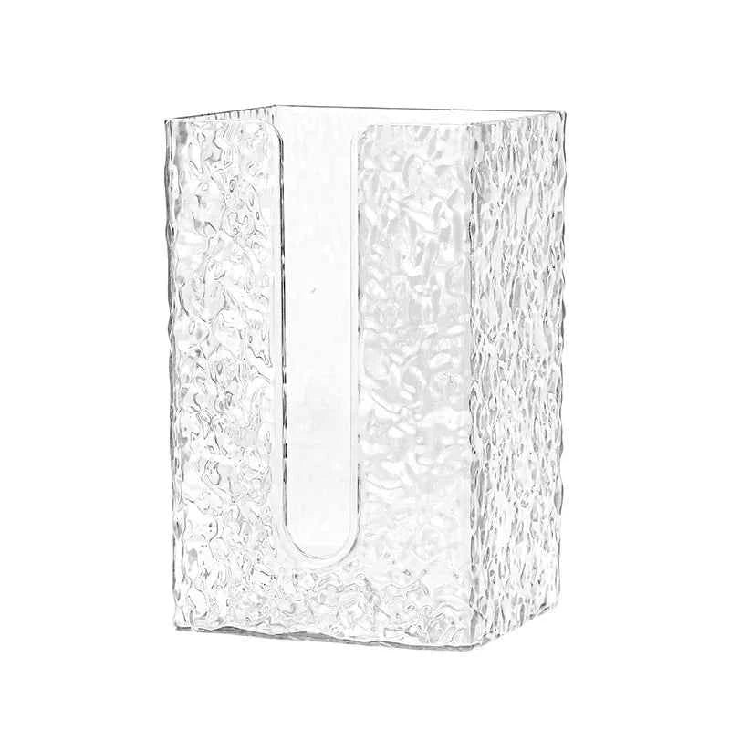 Elegant transparent wall-mounted tissue box made of textured glass for stylish home decor