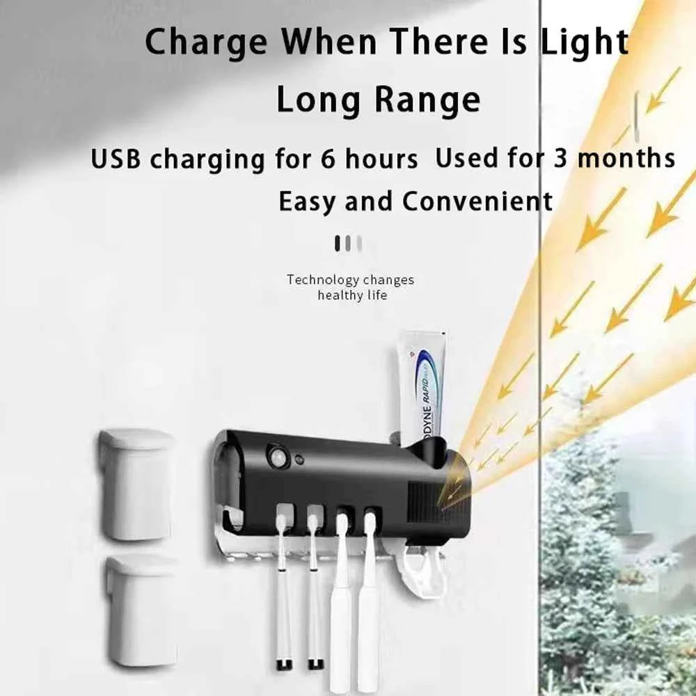 Wall-mounted toothbrush organizer with USB charging, easy to use, and holds multiple toothbrushes
