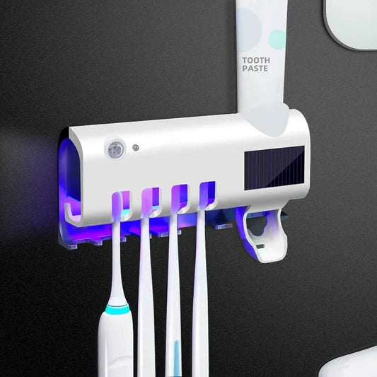 Wall-mounted toothbrush organizer with multiple slots and built-in toothpaste dispenser for efficient bathroom storage