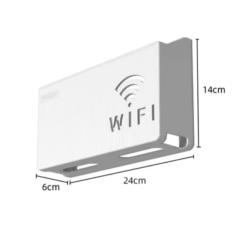 White wall mounted wifi router box with ventilation slots and wifi symbol measuring 24 by 14 by 6 centimeters